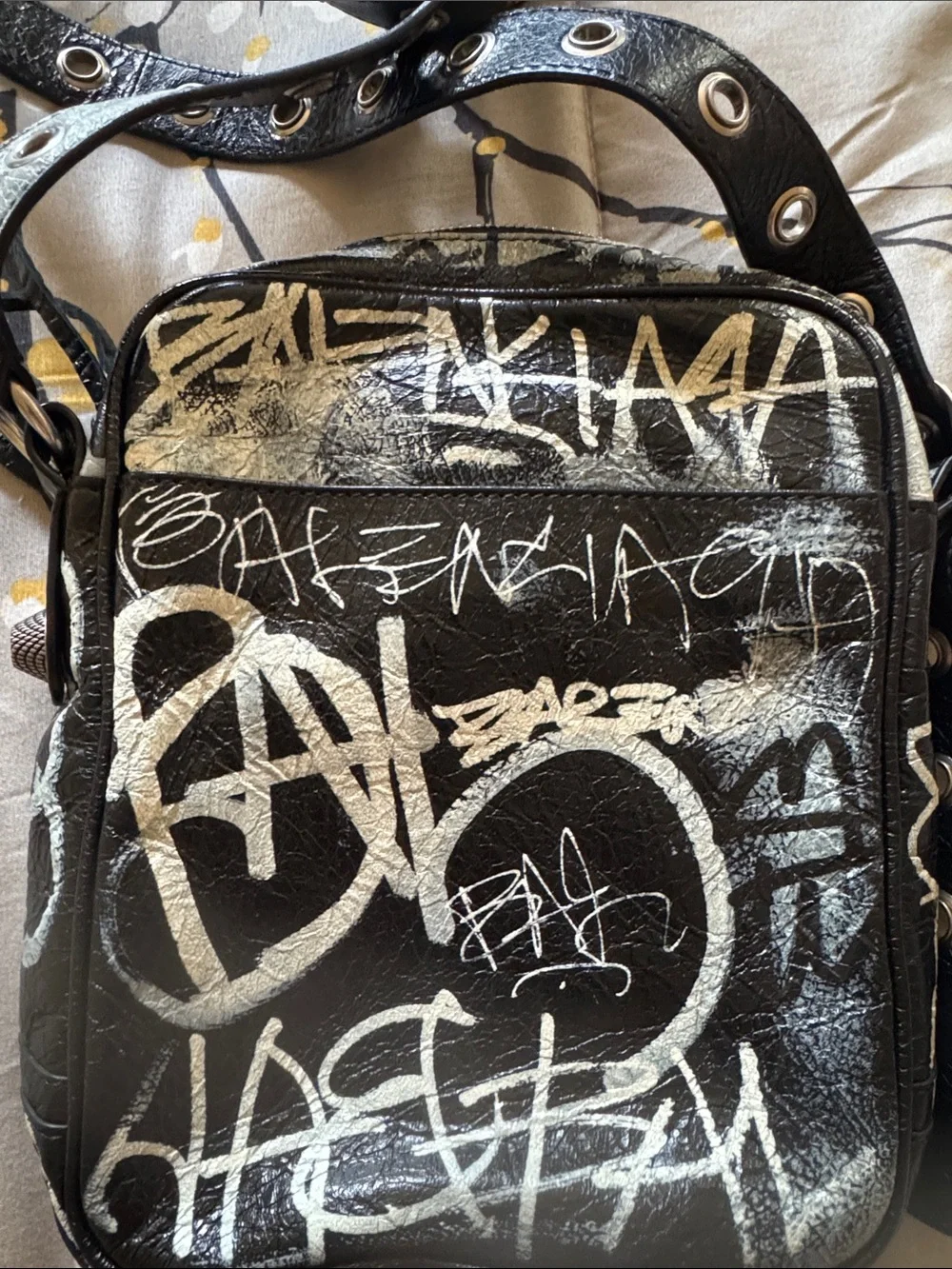 Balenciaga Black and White Graffiti Leather Crossbody Bag